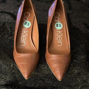 Calvin Klein - Women’s toffee brown croc embossed leather heels